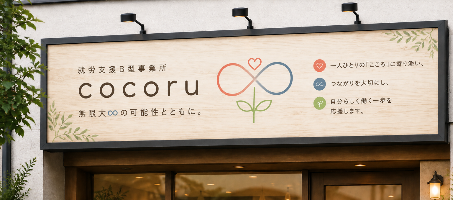 cocoruの店舗看板。木目の看板に「就労継続支援B型事業所 cocoru」のロゴと理念のメッセージが書かれている